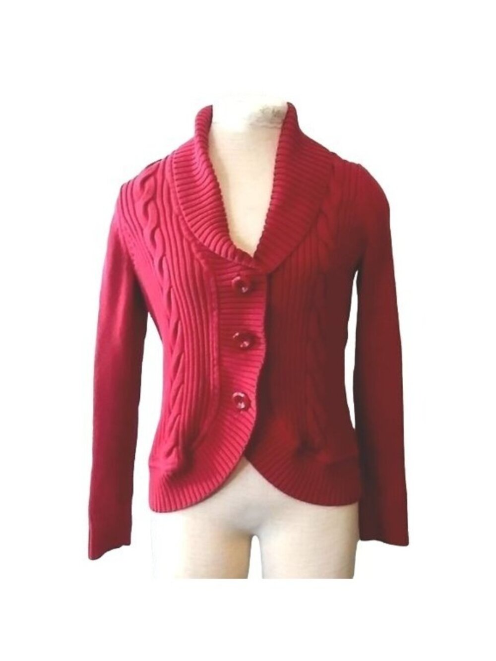 G H Bass & Co Size Medium Cardigan Sweater Red Button-Up Cable Knit Chic Warm - Picture 2 of 8